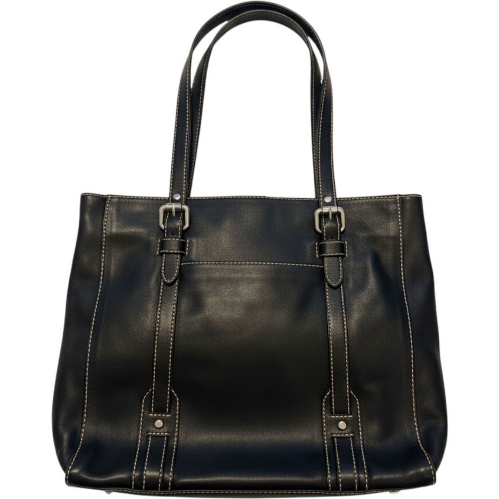 Fossil Black Leather Tote Bag Contrast Stitching Shoulder Bag Buckle Detail